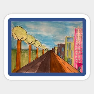 City scape trees pink building Sticker